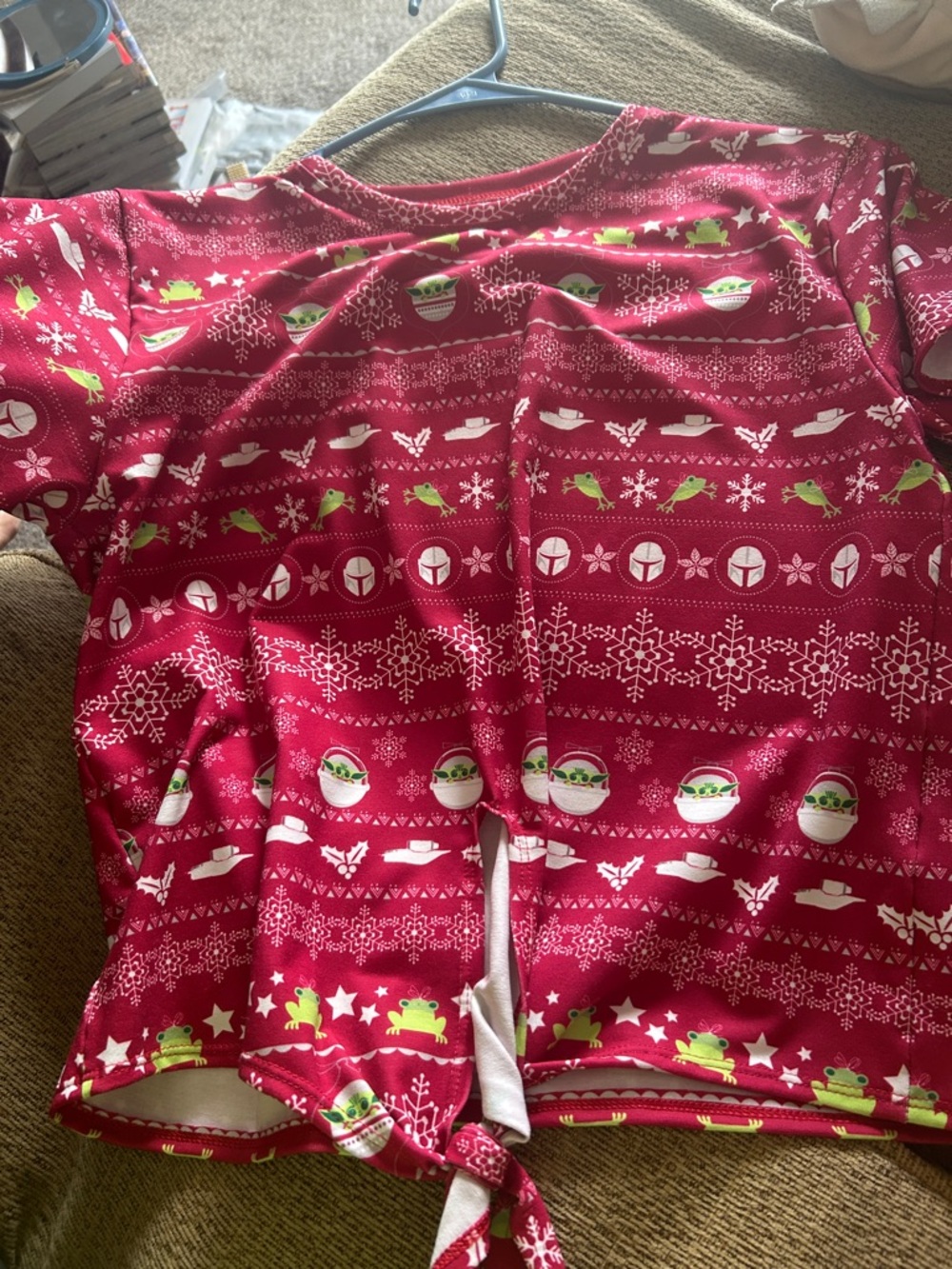 Blackmilk Red Holiday Tie-Front Pajama Top with Green Character Print